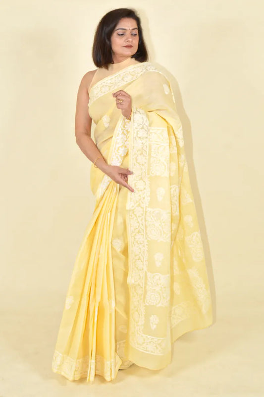 Fabnuma Handcrafted Fawn Cotton Chikankari Saree-Blouse - Fabnuma