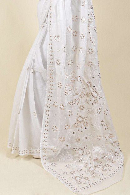 Fabnuma Handcrafted White Kota Cotton Chikankari Saree-Blouse - Fabnuma