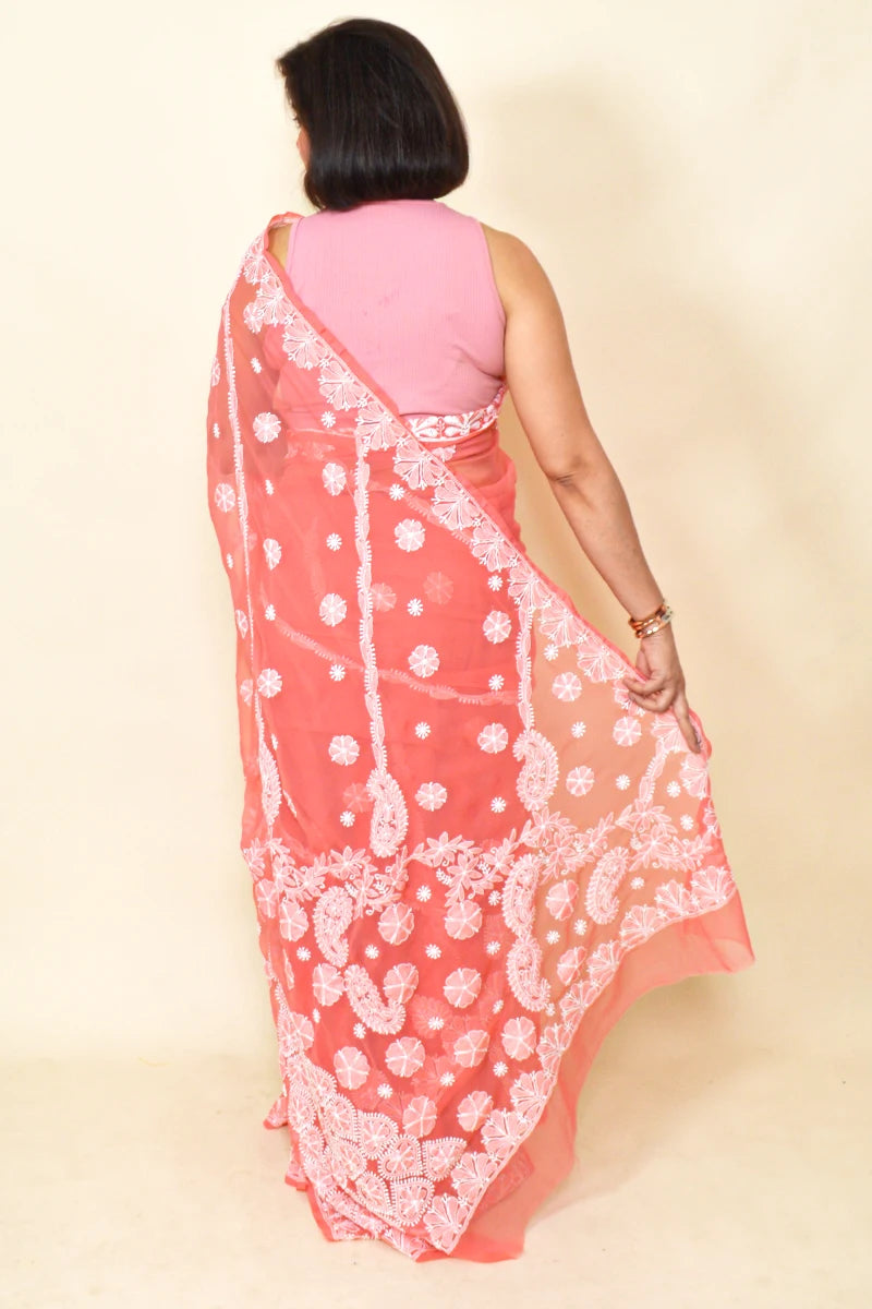Fabnuma Handcrafted Carrot Red Georgette Chikankari Saree-Blouse - Fabnuma