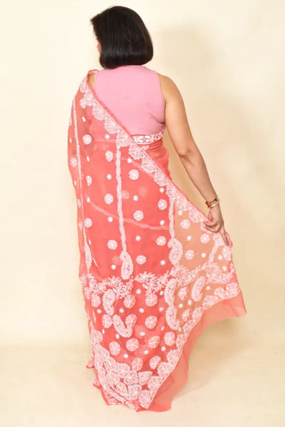 Fabnuma Handcrafted Carrot Red Georgette Chikankari Saree-Blouse - Fabnuma