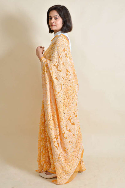 Fabnuma Handcrafted Orange Georgette Chikankari mukaish work Saree-Blouse - Fabnuma