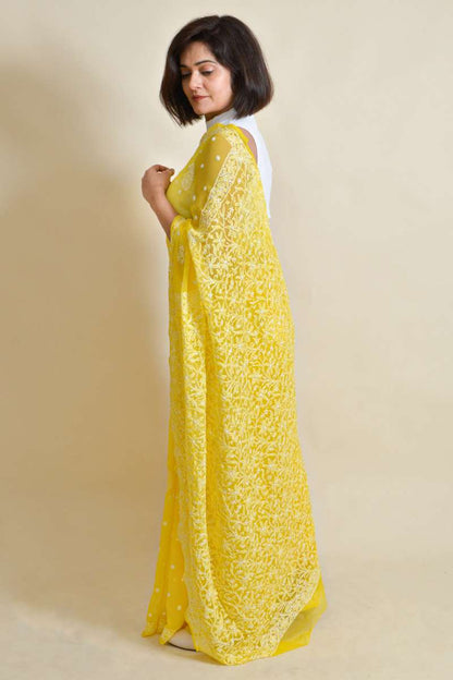 Fabnuma Handcrafted Yellow Georgette Chikankari Saree-Blouse - Fabnuma