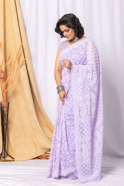 MeMaana Handcrafted Lavender Georgette Allover Chikankari Saree-Blouse MeMaana