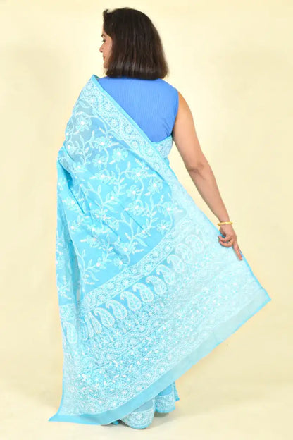 Fabnuma Handcrafted Sky Blue Cotton Chikankari Saree-Blouse - Fabnuma
