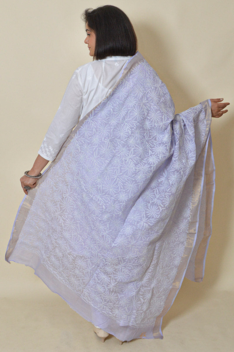Fabnuma Handcrafted Lavender Kota Cotton Allover Chikankari Dupatta - Fabnuma