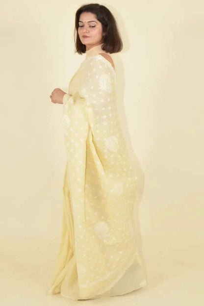 MeMaana Handcrafted Fawn Cotton Chikankari Saree-Blouse MeMaana