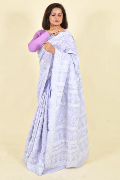 Fabnuma Handcrafted Lavender Cotton Chikankari Saree-Blouse - Fabnuma