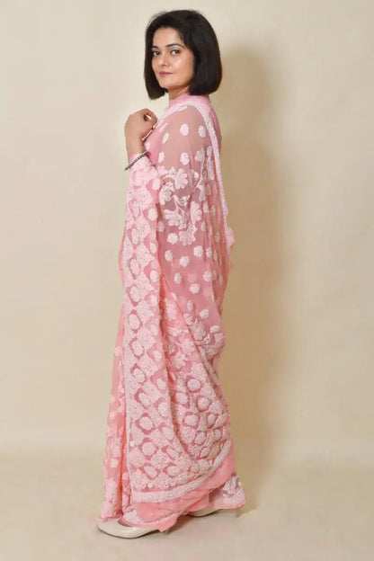 Fabnuma Handcrafted Peach Georgette Chikankari Saree-Blouse - Fabnuma