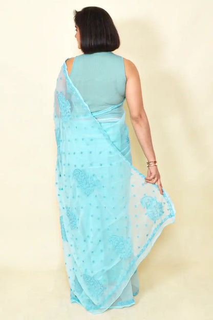 Fabnuma Handcrafted Sky Blue Georgette Chikankari Saree-Blouse - Fabnuma