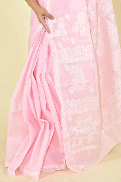 MeMaana Handcrafted Pink Cotton Chikankari Saree-Blouse MeMaana