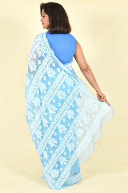 Fabnuma Handcrafted Sky Blue Georgette Chikankari Saree-Blouse - Fabnuma