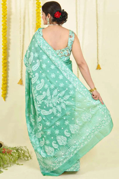 MeMaana Handcrafted Green Tussar Silk Chikankari Saree-Blouse MeMaana