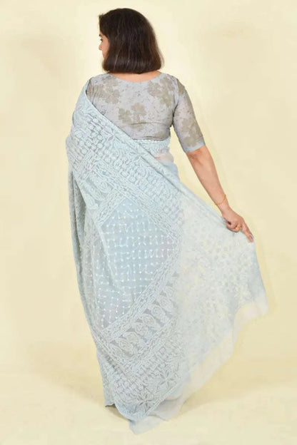 MeMaana Handcrafted Gray Georgette Chikankari Saree-Blouse MeMaana