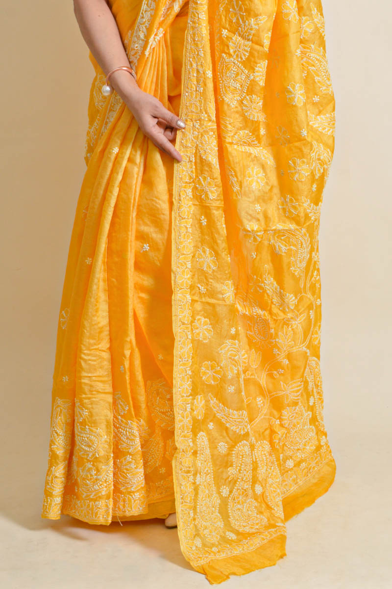 Fabnuma Handcrafted Yellow Tussar Silk Chikankari Saree-Blouse - Fabnuma
