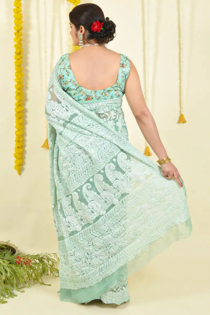 Fabnuma Handcrafted Pista Green Georgette Sequence Pearl Work  Chikankari Saree-Blouse - Fabnuma