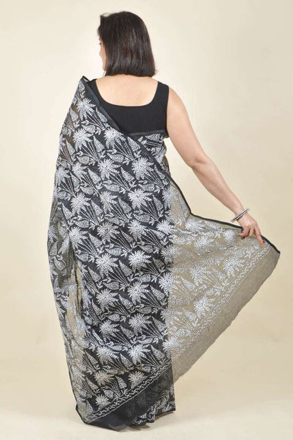 Fabnuma Handcrafted Black Kota Cotton Chikankari Saree-Blouse - Fabnuma