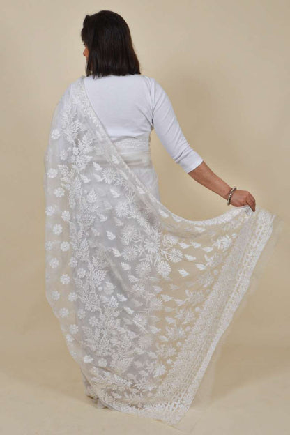 Fabnuma Handcrafted White Organza Chikankari Saree-Blouse - Fabnuma