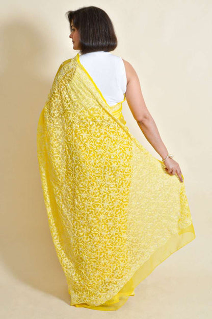 Fabnuma Handcrafted Yellow Georgette Chikankari Saree-Blouse - Fabnuma