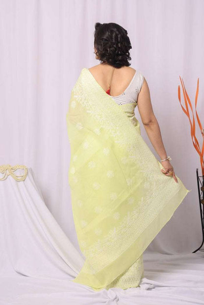 MeMaana Handcrafted Lemon Cotton Chikankari Saree-Blouse MeMaana