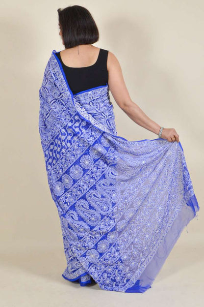 Fabnuma Handcrafted Blue Georgette Chikankari Saree-Blouse - Fabnuma