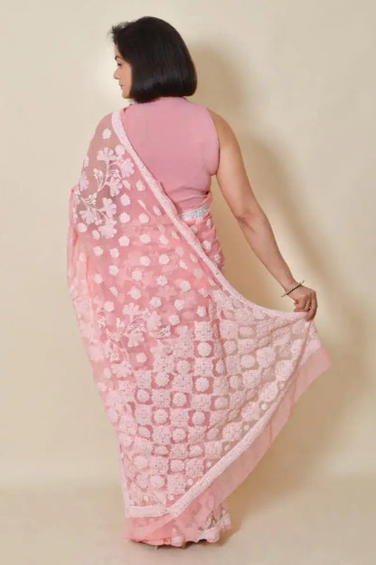 Fabnuma Handcrafted Peach Georgette Chikankari Saree-Blouse - Fabnuma