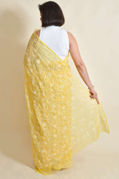 Fabnuma Handcrafted Yellow Georgette Chikankari Saree-Blouse - Fabnuma