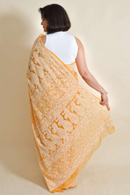 Fabnuma Handcrafted Orange Georgette Chikankari mukaish work Saree-Blouse - Fabnuma