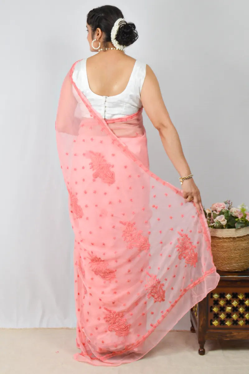 Peach georgette saree with handcrafted Lucknowi Chikankari embroidery and matching blouse – an elegant ethnic wear by MeMaana.