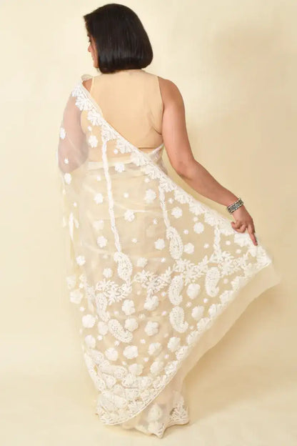 Fabnuma Handcrafted Fawn Georgette Chikankari Saree-Blouse - Fabnuma