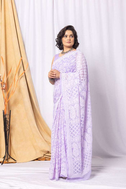 MeMaana Handcrafted Lavender Georgette Allover Chikankari Saree-Blouse MeMaana