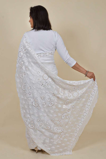 Fabnuma Handcrafted White Viscose Chikankari Saree-Mukesh Work - Fabnuma