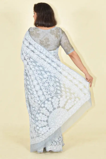 Fabnuma Handcrafted Gray Georgette Chikankari Saree-Blouse - Fabnuma