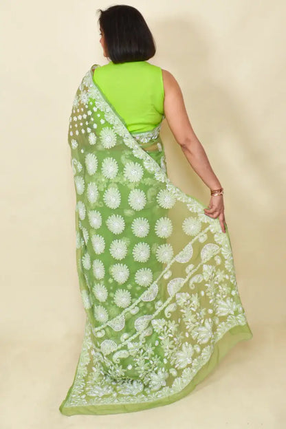 Fabnuma Handcrafted Green Georgette Chikankari Saree-Blouse - Fabnuma