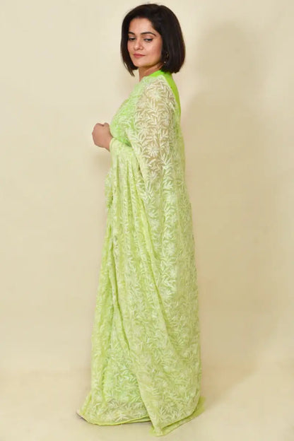 Fabnuma Handcrafted Green Georgette Tepchi Chikankari Saree-Blouse - Fabnuma