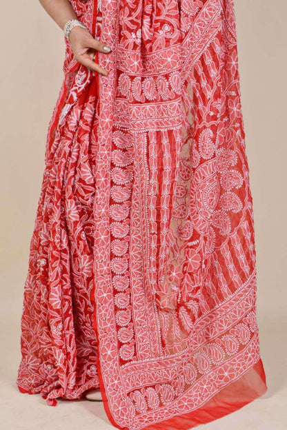 Fabnuma Handcrafted Red Georgette Chikankari Saree-Blouse - Fabnuma