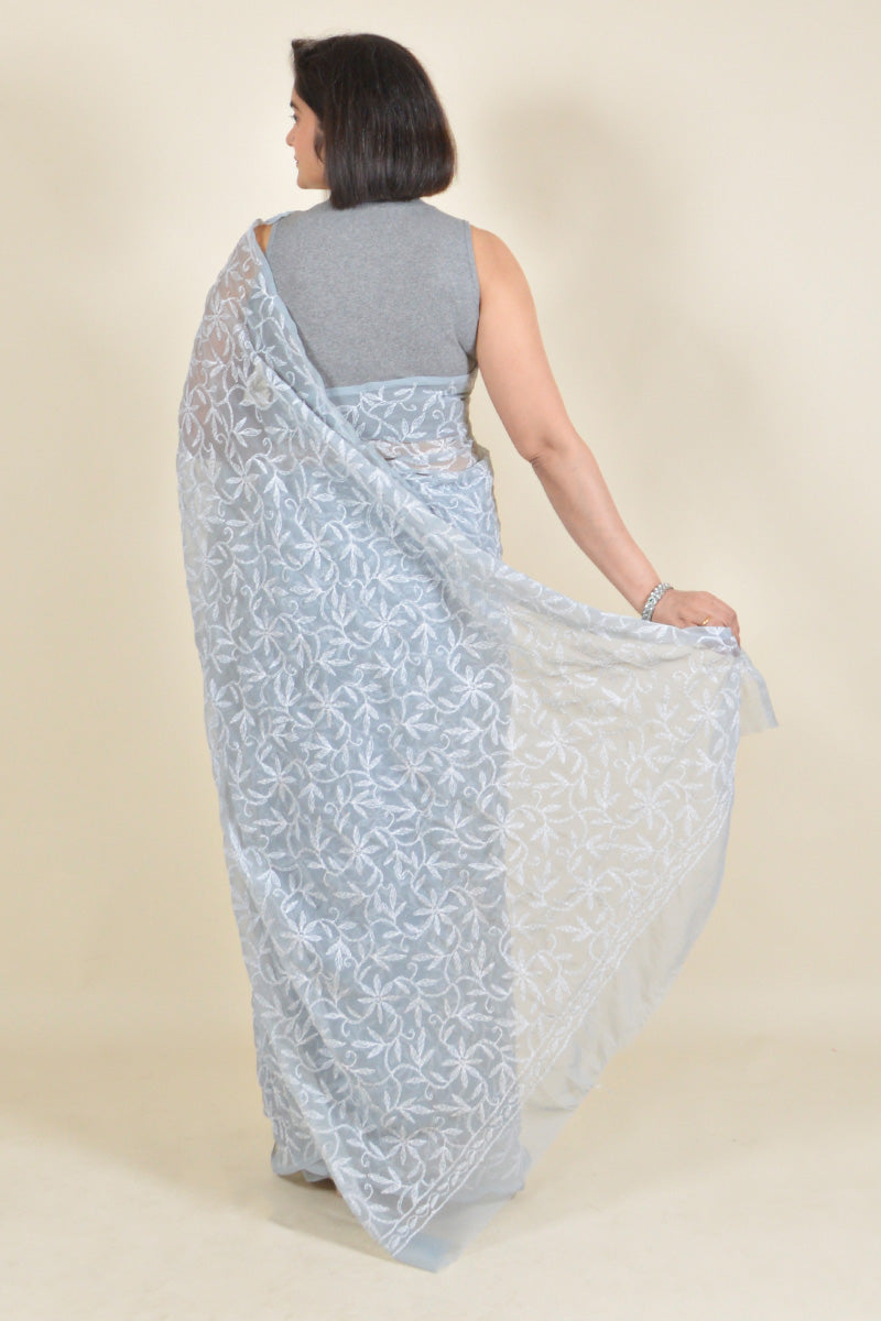 Fabnuma Handcrafted Grey Georgette Tepchi Chikankari Saree-Blouse - Fabnuma