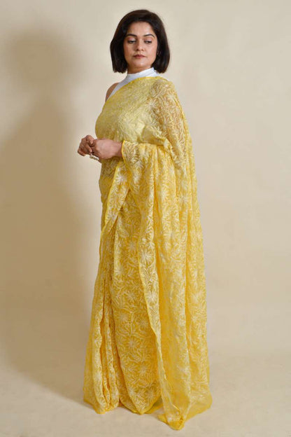 Fabnuma Handcrafted Yellow Georgette Chikankari Saree-Blouse - Fabnuma