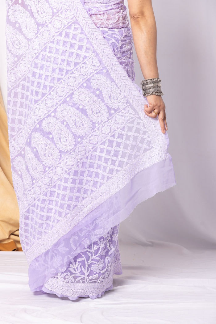 MeMaana Handcrafted Lavender Georgette Allover Chikankari Saree-Blouse MeMaana