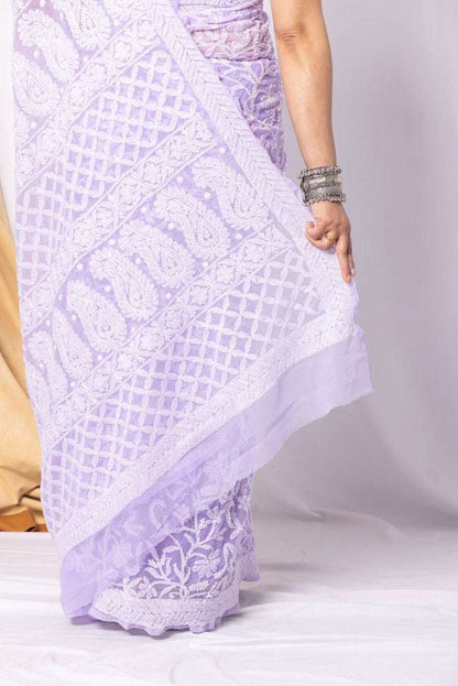 MeMaana Handcrafted Lavender Georgette Allover Chikankari Saree-Blouse MeMaana