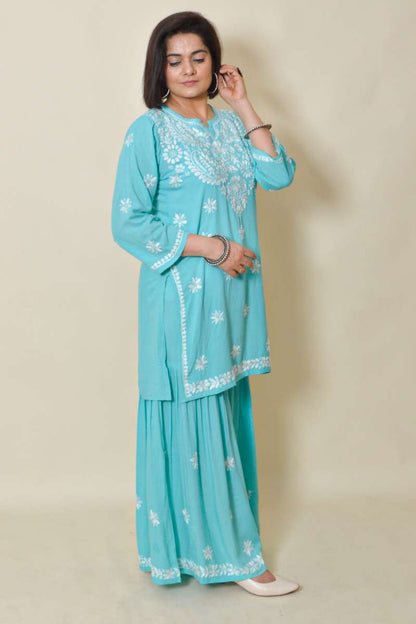 Fabnuma Handcrafted Sky Blue Rayon Cotton Chikankari Kurta Bottom Set - Fabnuma