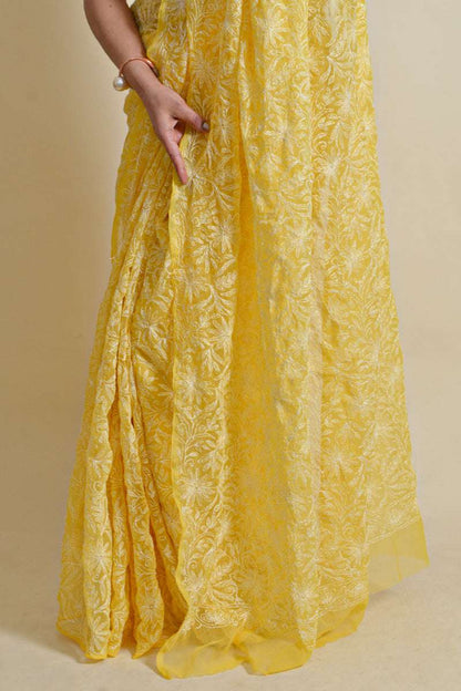 Fabnuma Handcrafted Yellow Georgette Chikankari Saree-Blouse - Fabnuma