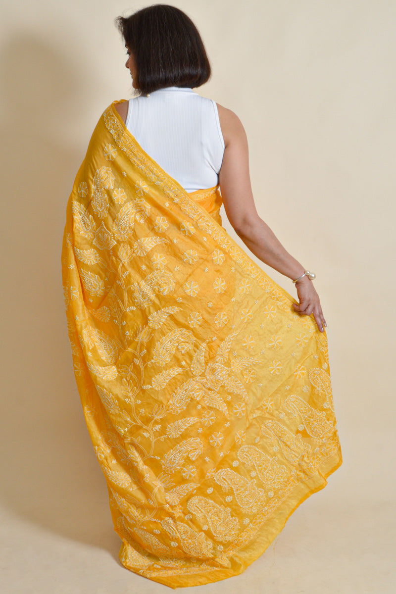 Fabnuma Handcrafted Yellow Tussar Silk Chikankari Saree-Blouse - Fabnuma