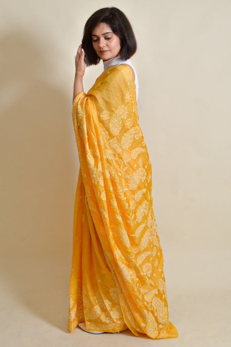Fabnuma Handcrafted Yellow Tussar Silk Chikankari Saree-Blouse - Fabnuma
