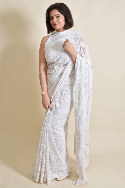 Fabnuma Handcrafted White Georgette Chikankari Saree-Blouse - Fabnuma