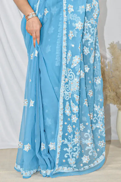 Fabnuma Handcrafted Blue Gotapatti Work Georgette Lucknowi Chikankari Saree with Blouse