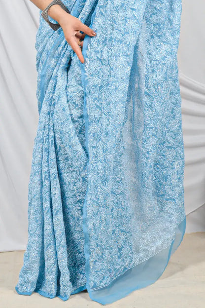 Aqua Blue Color Georgette Allover Tepchi Lucknowi Chikankari Saree With Mukaish Work Embroidery and Blouse – Perfect for Weddings & Festive Wear.