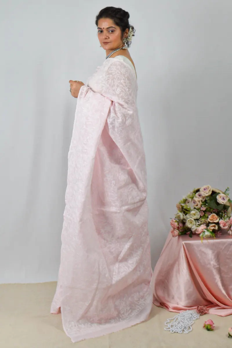 Baby Pink  Kota cotton saree with handcrafted Lucknowi Chikankari embroidery and matching blouse – traditional wear by Fabnuma