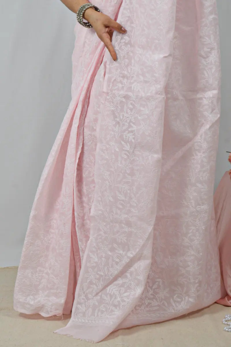 Baby Pink  Kota cotton saree with handcrafted Lucknowi Chikankari embroidery and matching blouse – traditional wear by Fabnuma