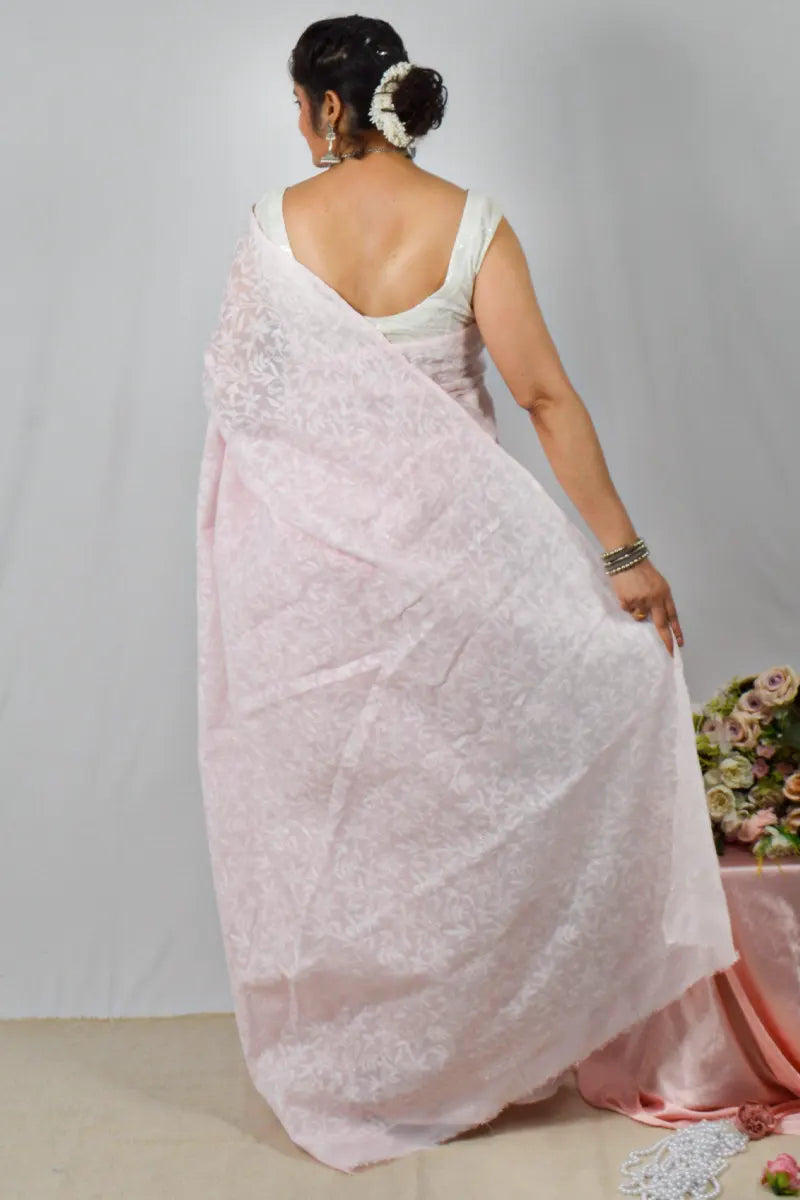 Baby Pink  Kota cotton saree with handcrafted Lucknowi Chikankari embroidery and matching blouse – traditional wear by Fabnuma