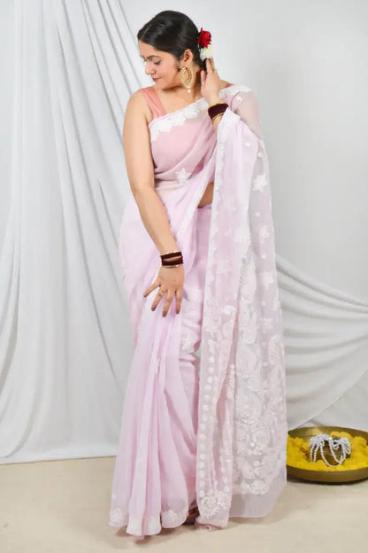 Baby Pink Chikankari Saree with Pearl Work Lucknowi Embroidery and Blouse – Perfect for Weddings & Festive Wear